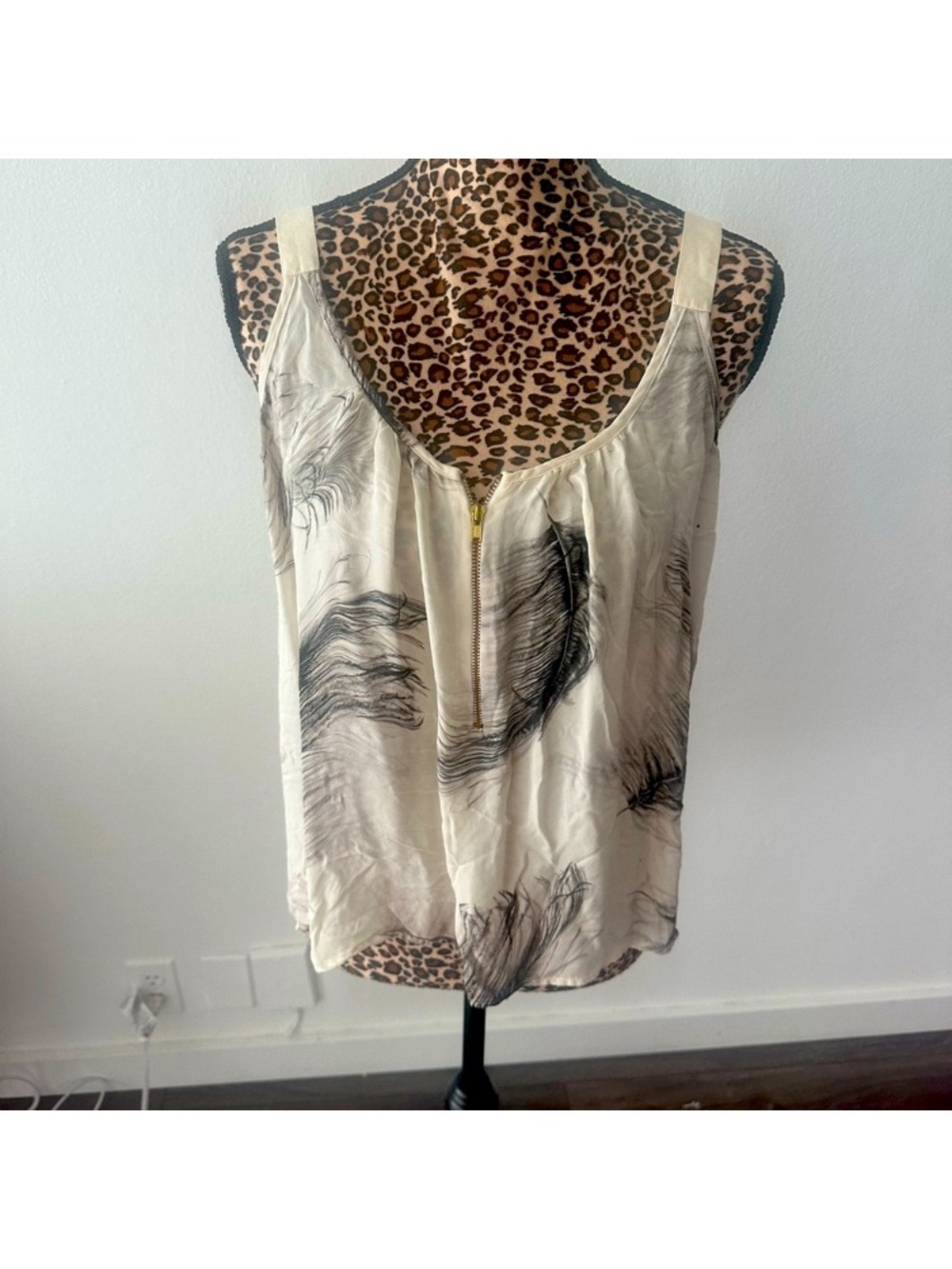 A.L.C. Cream Silk Feather-Print Zip Cami